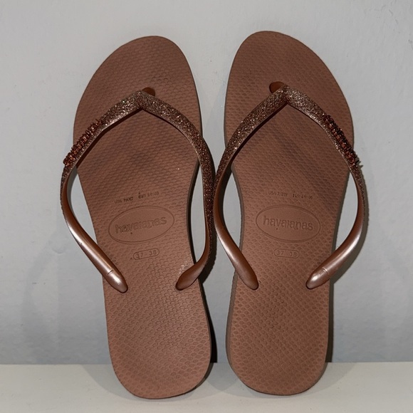 Havaianas Glittery Slim Ballet Rose/Golden Blush Flip Flop Sandals - Picture 11 of 14